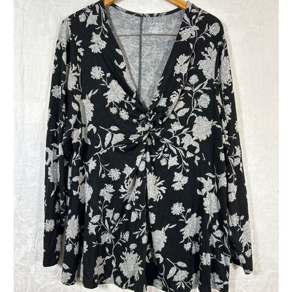 Lane Bryant Top 22 24 Black Gray Floral Cross Front SOFT Flowy Gathered - Picture 1 of 9